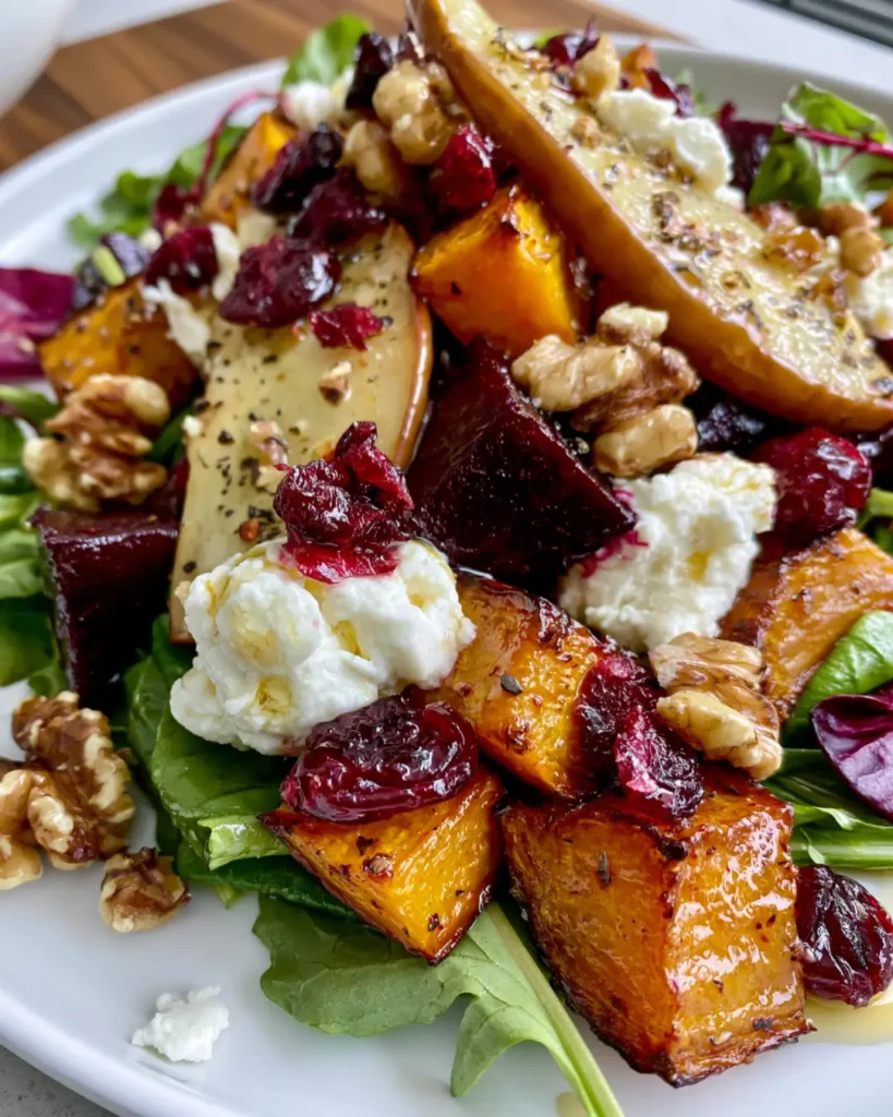 Roasted Pumpkin & Beetroot Salad with Pear, Goat Cheese, Cranberries & Toasted Walnuts