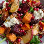 Roasted Sweet Potato & Beet Salad with Pear, Pomegranate, Whipped Feta & Hot Honey Pecans