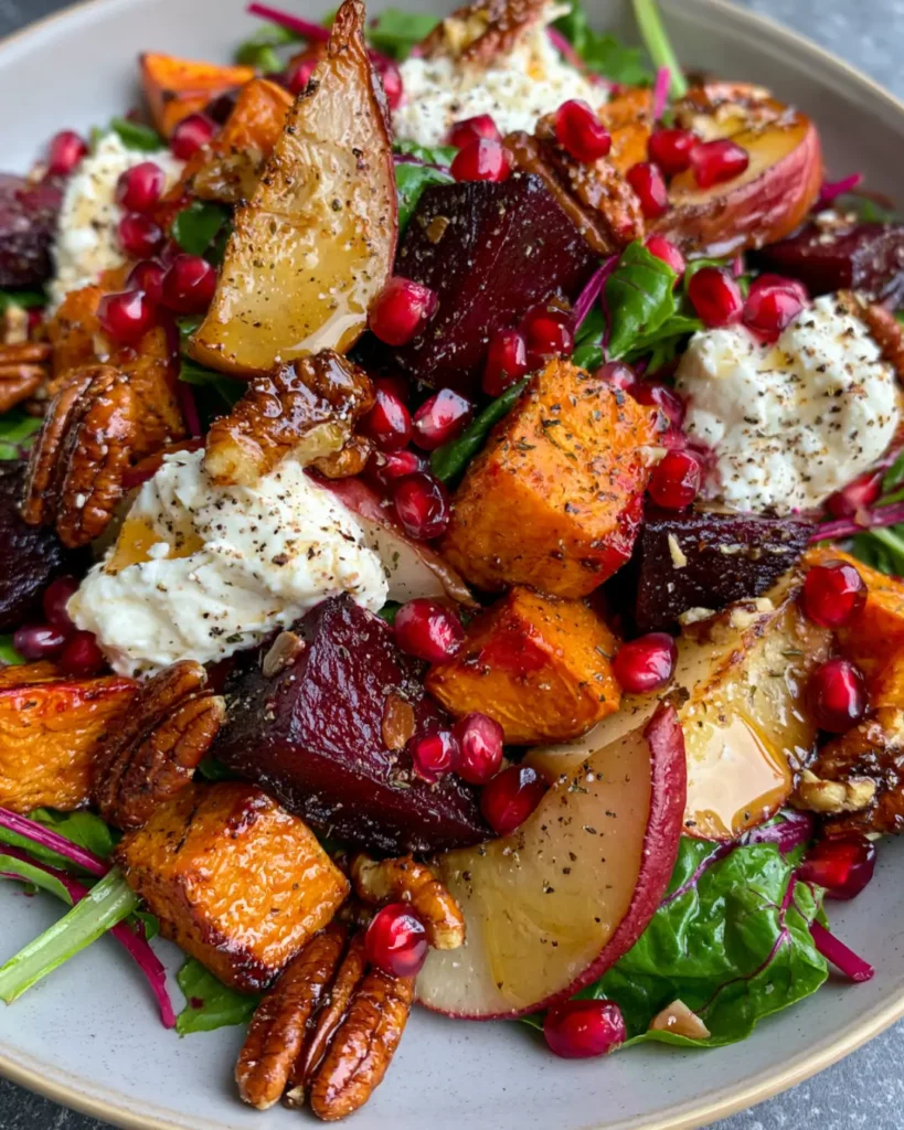 Roasted Sweet Potato & Beet Salad with Pear, Pomegranate, Whipped Feta & Hot Honey Pecans