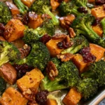 Roasted Sweet Potatoes and Broccoli with Pecans and Cranberries