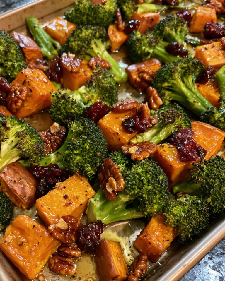 Roasted Sweet Potatoes and Broccoli with Pecans and Cranberries
