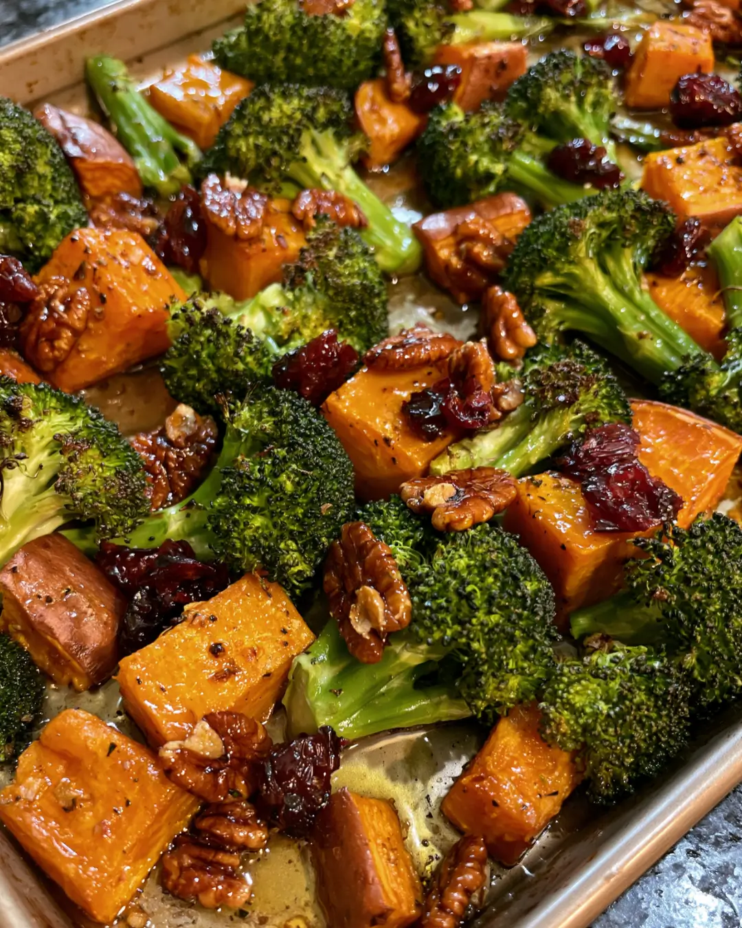 Roasted Sweet Potatoes and Broccoli with Pecans and Cranberries