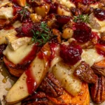 Sheet Pan Sweet Potato & Pear Bake with Brie, Cranberry Glaze & Candied Pecans