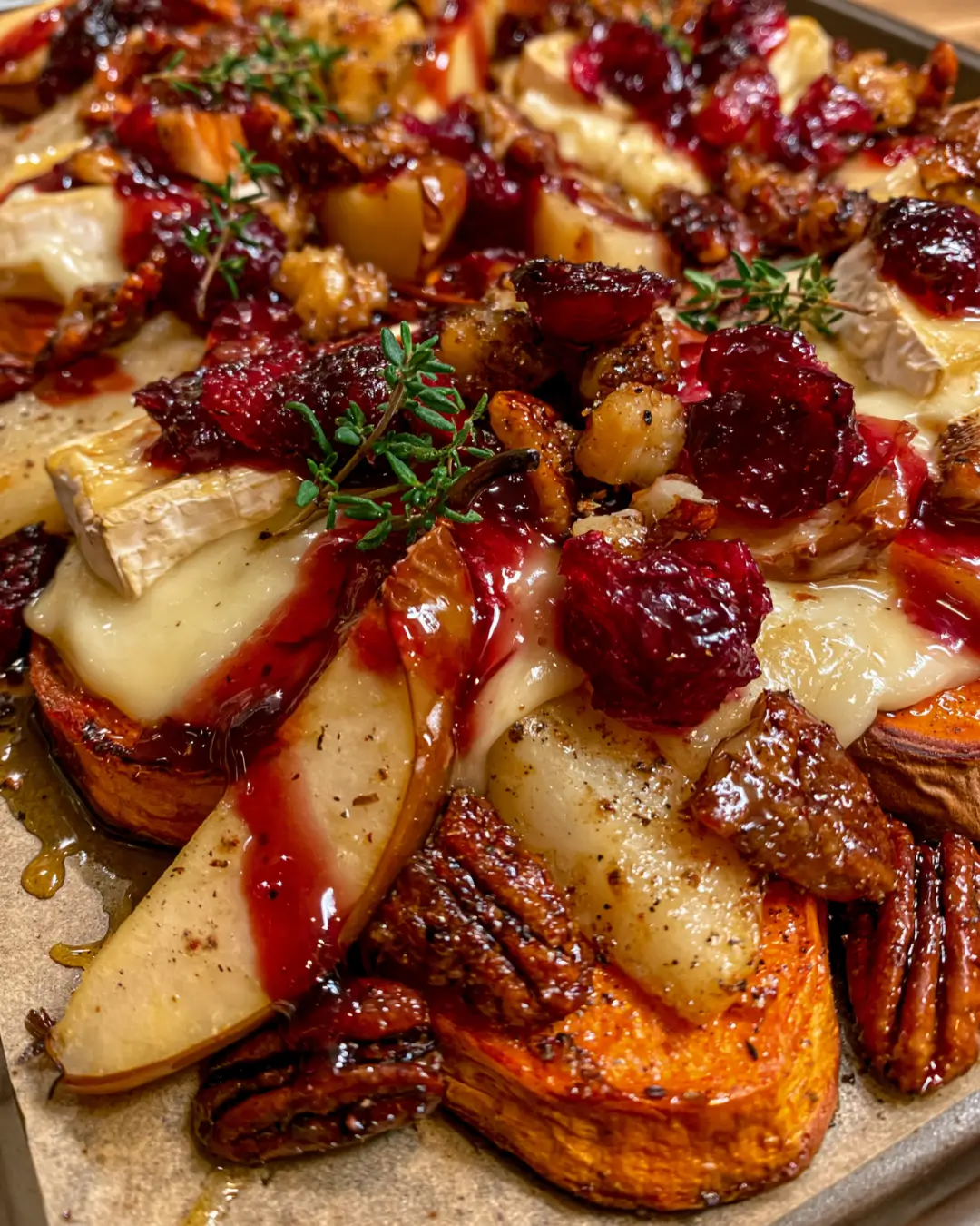Sheet Pan Sweet Potato & Pear Bake with Brie, Cranberry Glaze & Candied Pecans