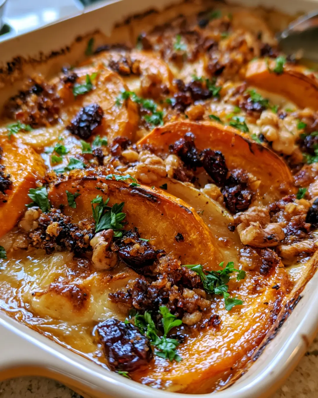 Sweet Potato & Apple Gratin with Brie, Cranberries & Walnut Crumble