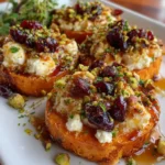 Sweet Potato Rounds with Brie, Cranberry-Honey Glaze & Pistachio Crunch