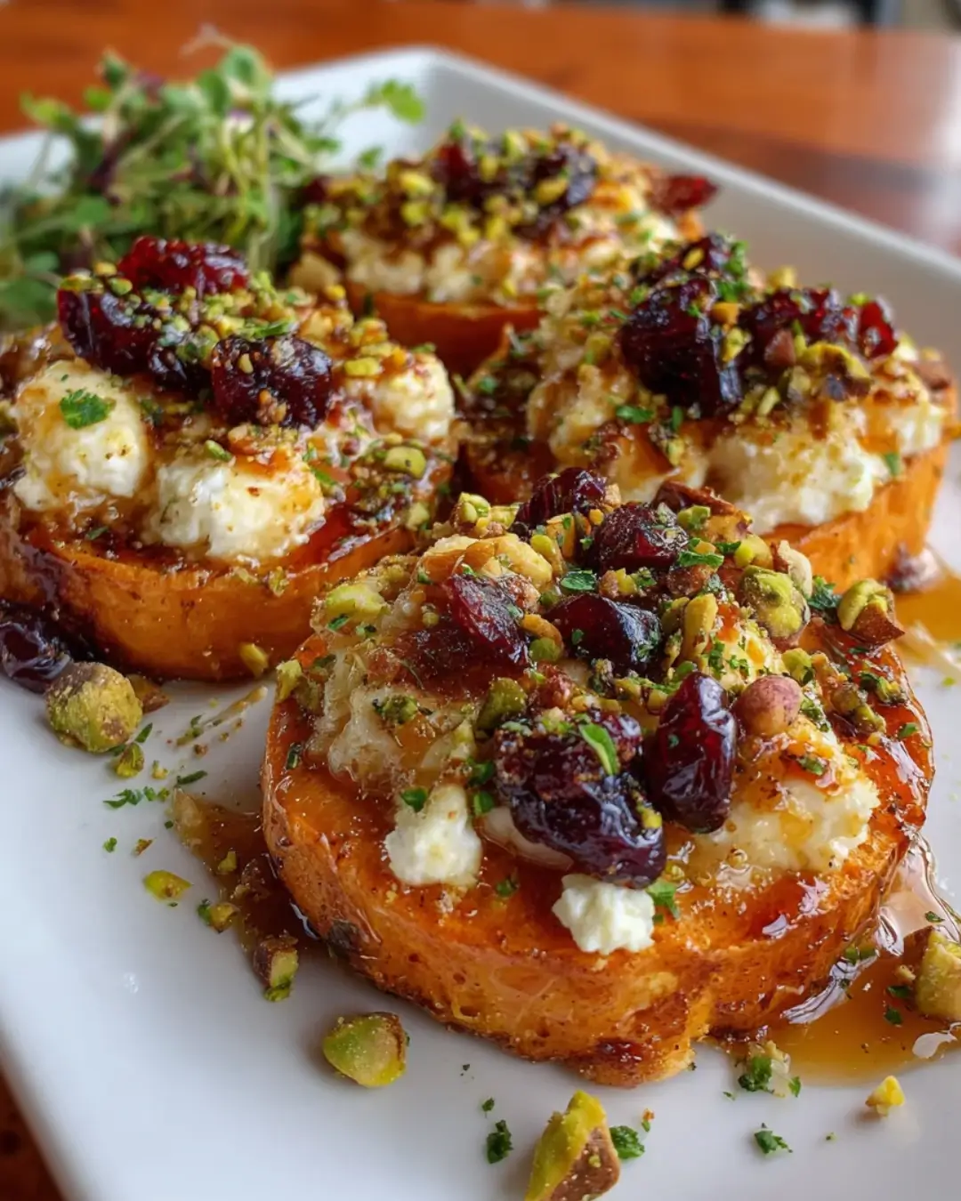 Sweet Potato Rounds with Brie, Cranberry-Honey Glaze & Pistachio Crunch